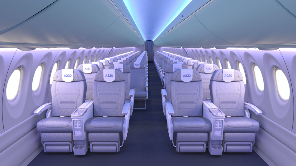A two-class A220 typically has 2-2 seating in business and 2-3 in economy.